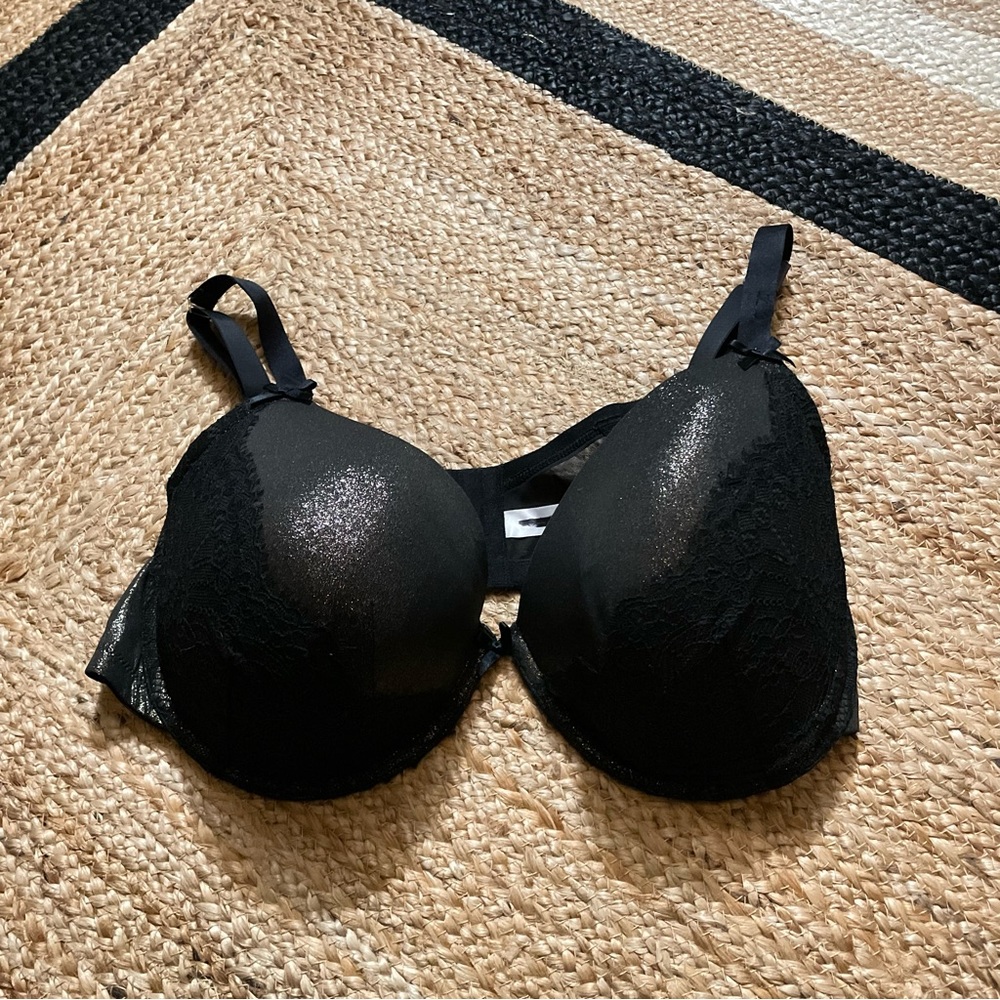 Cacique Black Glitter Lace Boost Balconette 42DDD New, FLAWED